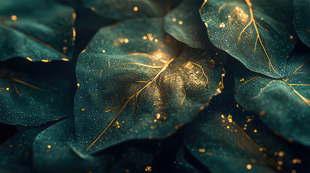 Green leaves with golden bokeh effect, abstract floral background.の素材