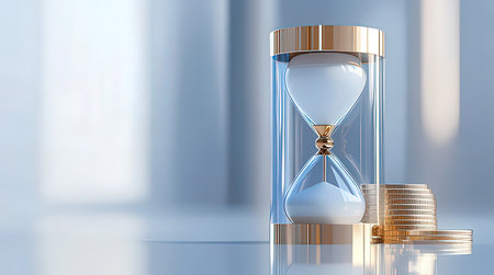 Hourglass and coins, time is money concept. 3D renderingの素材