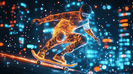 Skateboarder riding skateboard on night city background. 3D Renderingの素材