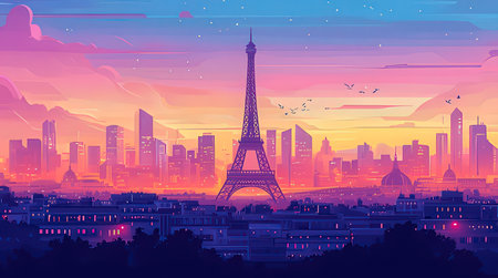 Paris cityscape with Eiffel Tower at sunset, vector illustrationの素材