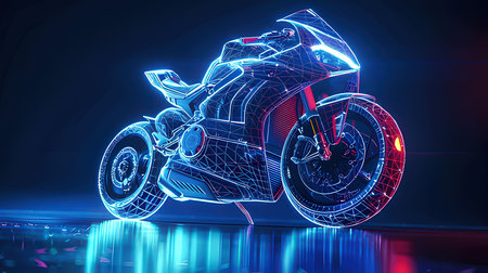 3d illustration of a motorcycle in neon light on a dark backgroundの素材
