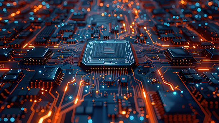 Circuit board close-up. Electronic computer hardware technology. 3D renderingの素材