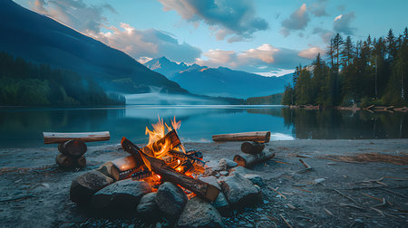 Camping on the shore of a mountain lake at sunset. Beautiful summer landscape.の素材