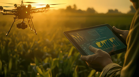 Drone quadcopter with digital tablet on agriculture field background.の素材
