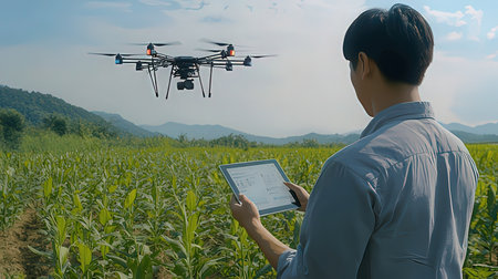 Drone flying over a young man using a tablet computer in the corn fieldのeditorial素材