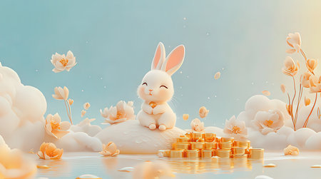3d rendering of easter background with bunny and golden eggs.の素材