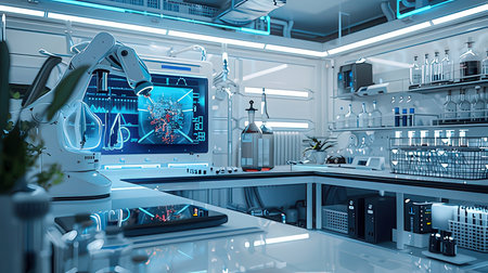 3d rendering of scientific laboratory interior with equipment and science research conceptの素材