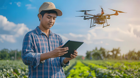 Agriculture drone and farmer using digital tablet on agriculture field.の素材