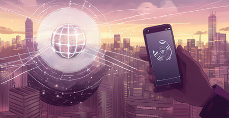 Hands holding smartphone with global network connection interface over cityscape background, 3D renderingの素材