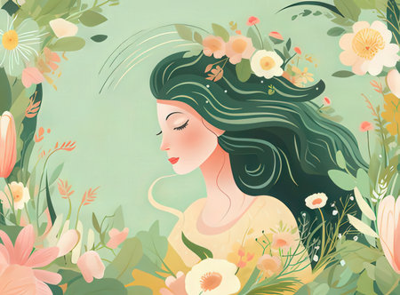 Beautiful girl in a wreath of flowers. Vector illustration.の素材