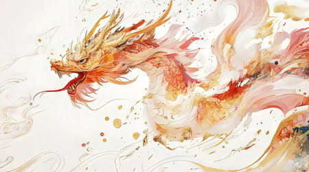 Colorful dragon with splashes of paint on a white background.の素材