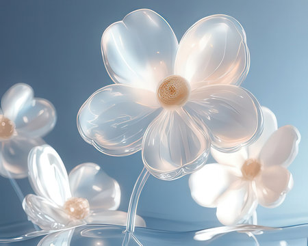 White flowers on a blue background. 3d rendering, 3d illustration.の素材