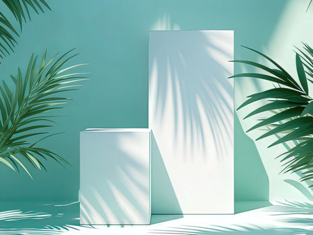 3d render of minimal display podium for product design. Pedestal stand with palm leaf shadow.の素材