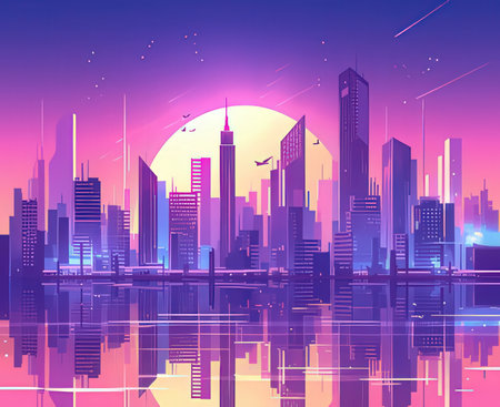 Night cityscape with skyscrapers and reflection. Vector illustration.の素材