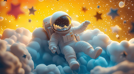 Astronaut floating in the clouds. Mixed media. Mixed mediaの素材