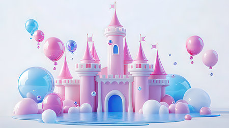Pink and blue castle with balloons on a white background. 3d renderingの素材
