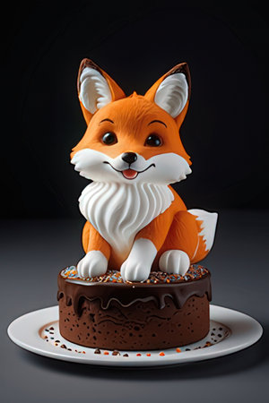 Cute fox and chocolate cake on black background, 3d illustrationの素材
