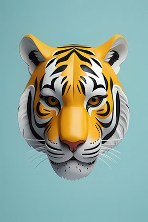 Tiger head on blue background. 3d illustration with clipping pathの素材