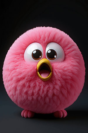 Pink bird with funny expression on black background. 3D illustration.のeditorial素材