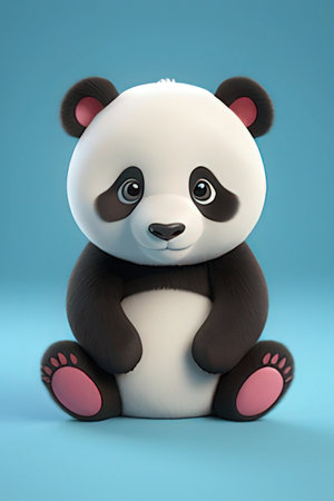 Cute cartoon panda sitting on blue background. 3d illustration.の素材