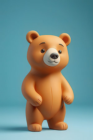 3d rendering of a cute cartoon brown bear on blue background.の素材