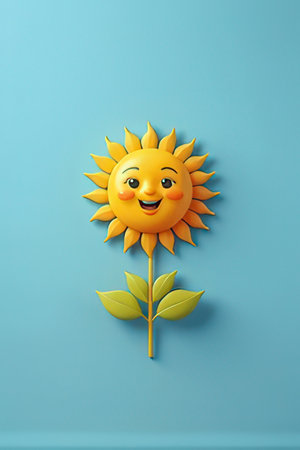 Cute cartoon sun character on blue background. Paper art style.の素材