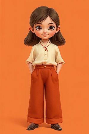 3D Render of a Little Girl with Yellow Shirt and Orange Pantsの素材