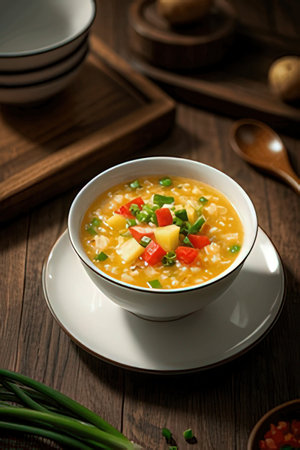 Soup with vegetables in a bowl on a wooden background. Selective focus.の素材