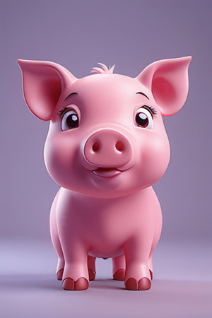 Pink pig on a purple background. 3d rendering.の素材