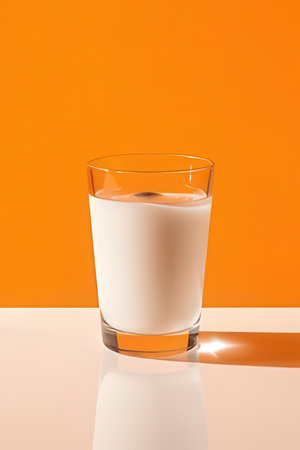 Glass of milk on a white table. Orange background. Copy space.の素材