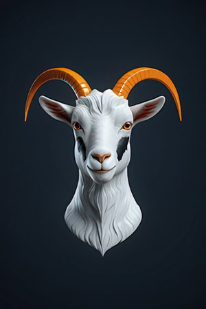 White goat head with horns on a dark background. 3d renderingの素材