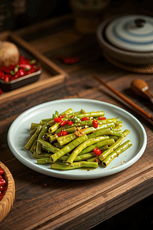 Stir-fried green beans with garlic and red hot chili pepperの素材