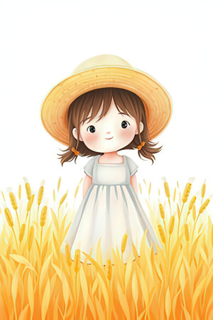 Illustration of a little girl in wheat field on a white backgroundの素材