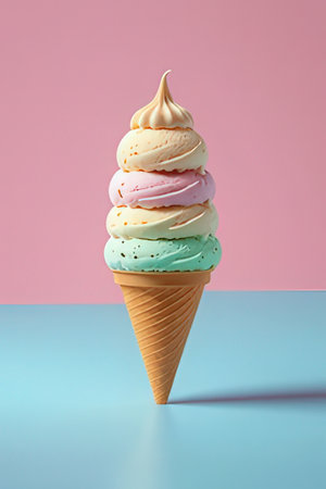 Ice cream in waffle cone on pastel pink and blue backgroundの素材