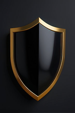 Black shield on a black background. 3d rendering. Computer digital drawing.の素材