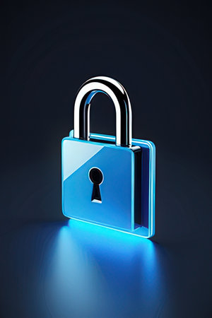 Blue padlock icon on dark background. 3D rendering. Neon light.の素材