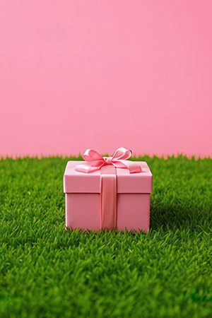 Pink gift box on green grass with pink background. Copy space.の素材
