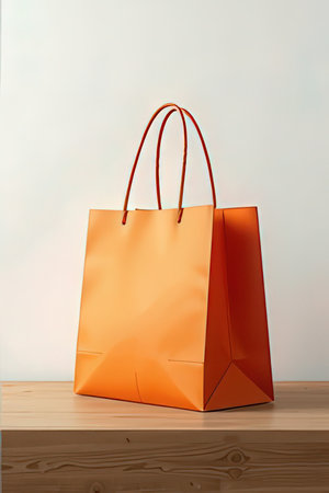 Orange paper shopping bag on wooden shelf over light blue wall background.の素材