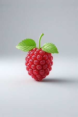 Ripe raspberry with leaf on white background. 3d illustration.の素材