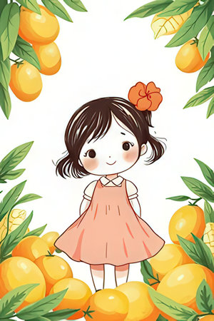 Illustration of a Cute Little Girl Posing in a Row of Orangesの素材