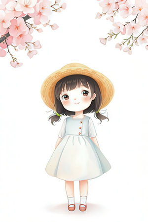 Cute little girl in white dress and hat with cherry blossomの素材