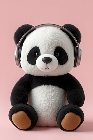 Cute panda with headphones on pink background, close-upの素材
