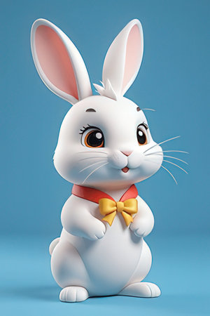 Cute white bunny with bow tie on blue background. 3D renderingの素材
