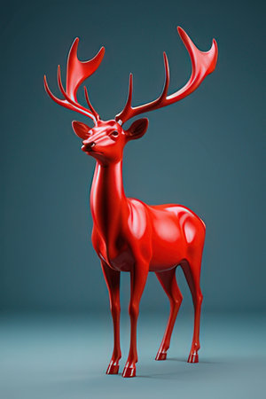 Red reindeer on a blue background. 3d rendering.の素材