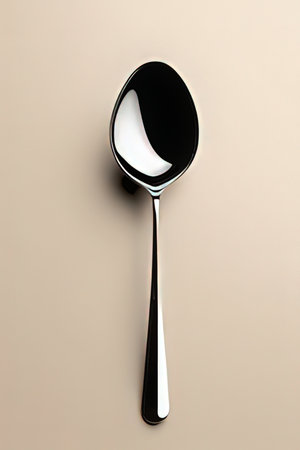 Spoon on beige background. Top view. Copy space.の素材