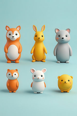 3d rendering of a group of cartoon animals in different poses.の素材