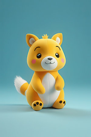 Cute yellow teddy bear sitting on a blue backgroundの素材