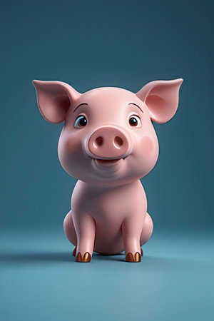 3d illustration of a pink pig sitting on a blue background.の素材