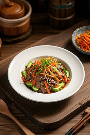 beef with vegetables and sesame seeds in a bowlの素材