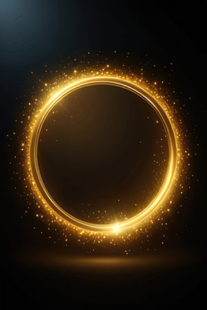Gold glittering circle frame on a black background. Vector illustration.の素材